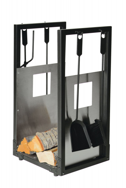 Lienbacher Holzkorb und Kaminbesteck aus Stahl, 4- teilig, schwarz beschichtet